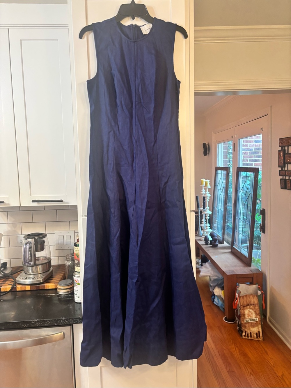 new Reformation Cecilia paneled linen maxi dress in cloud blue navy - Picture 3 of 5